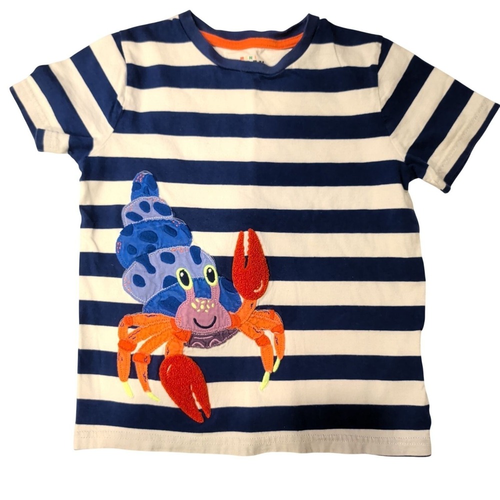 Mini Boden Kids Blue White Striped Hermit Crab Applique T-Shirt Size 5-6Y